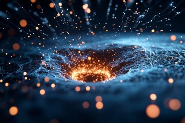 Poster - A mesmerizing digital artwork featuring a dynamic network of glowing lines and particles surrounding a vibrant center, creating a sense of energy and motion.