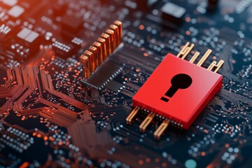 Poster - An intriguing image featuring a red computer chip with a question mark symbol set against a backdrop of complex electronic circuits, suggesting technological mystery.