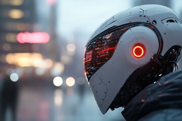 Poster - A sleek robotic head with a glowing orange eye and digital reflections against the backdrop of a neon-lit city, showcasing an advanced technological era.