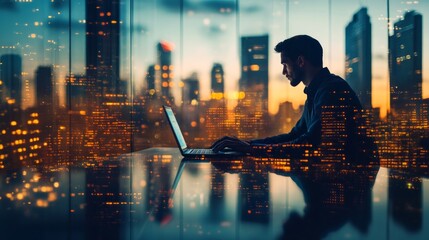 A businessman working on his laptop in an office with a city skyline view at dusk.