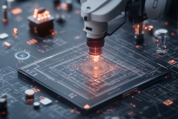 Poster - A detailed view of a modern, illuminated circuit board being inspected under a microscope, symbolizing technological progress and digital innovation.