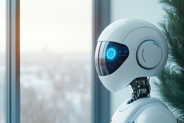 Poster - A sleek futuristic robot with a glowing blue eye peers out a window, symbolizing the connection between advanced artificial intelligence and the outside world.