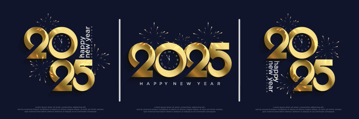 elegant happy new year 2025 poster design. with a clean combination of gold and blue colors. premium
