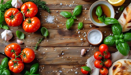 Gourmet Flat Lay of Fresh Mediterranean Ingredients with copy space