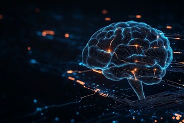 Poster - A digital model of a brain glows with intricate neural connections, highlighting the complex network of thought, intelligence, and creativity, set against a dark background.