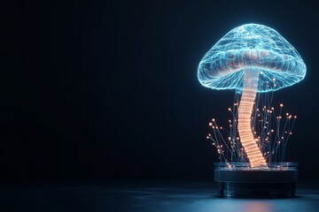 Poster - A digital mushroom sculpture with interconnected nodes symbolizing nature, technology, and networks, rendered in a futuristic artistic style with blue hues.