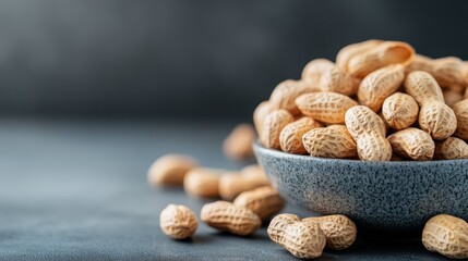 A blue speckled bowl filled to the brim with unshelled peanuts on a dark surface, artistically capturing the rich textures and wholesome feel of the arrangement.