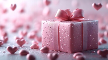 Fototapete - Elegant 3D design of minimalist Valentines Day gift with ribbon surrounded by floating hearts on a soft pink wallpaper creating a serene feelgood romantic atmosphere