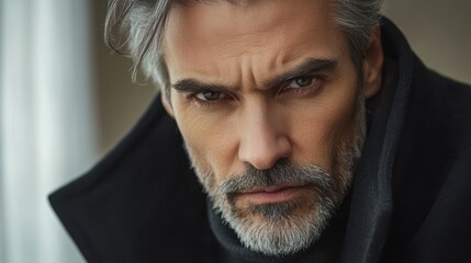 Sticker - Confident mature man with salt and pepper hair and an intense gaze wearing a dark elegant jacket showcasing seriousness and masculinity