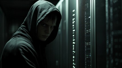 Poster - A man in a hoodie is looking at a computer screen