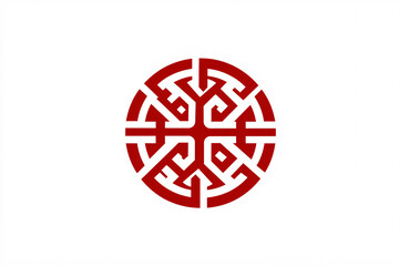 Red circular symbol with intricate geometric pattern on a white background resembling traditional or cultural art and abstract design
