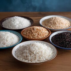 Wall Mural - Various types of rice displayed in bowls on a table, showcasing a diverse selection of grains and textures.