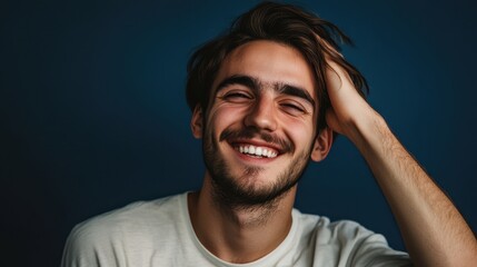 Poster - Joyful young man smiling and touching his head against a dark blue background capturing happiness positivity and youthfulness