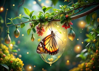 Poster - Enchanting Double Exposure of Butterfly Cocoon in Nature's Embrace
