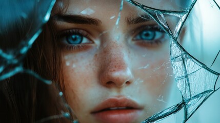 Poster - Poignant portrait of a young woman with her face obscured by shattered glass reflecting deep emotions of sadness and vulnerability