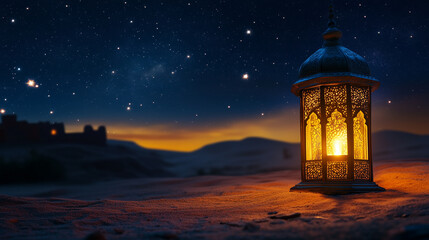traditional glowing arabic lantern in middle of desert night sky background. copy space ramadan bann