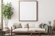 © Frame Mockup - a living room template mockup with a warm feel and light grey walls and a blank wall use deep rusty pinks , cream deep teal and black as accent colors