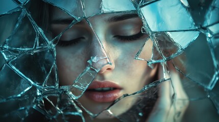 Poster - Poignant portrait of a young woman with her face obscured by shattered glass reflecting deep emotions of sadness and vulnerability