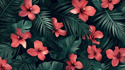 Wall Mural - a lush tropical pattern with vibrant red hibiscus flowers blooming amidst lush green palm leaves and