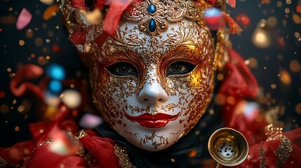 Poster - Bold red gold Venetian mask surrounded by colorful streamers and a brass whistle on a minimalist black background creating a dramatic and festive carnival atmosphere