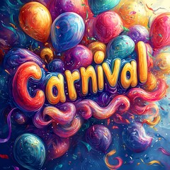 Poster - Colorful Carnival text large letters with multicolored balloons masks and swirling streamers on a vibrant gradient background designed to capture the fun and celebration of carnival posters