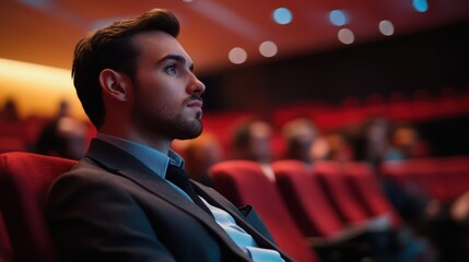 Poster - Thoughtful man in an auditorium attending an event