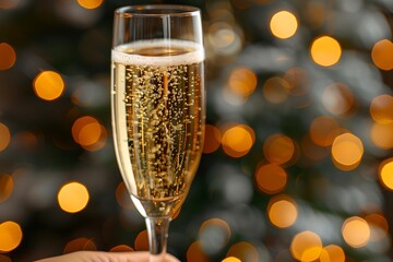 A glass of bubbly champagne with a shimmering gold backdrop. Close-up drink with golden light circle.