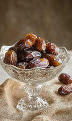 Date fruits in glass bowl on table burlap food ramadan