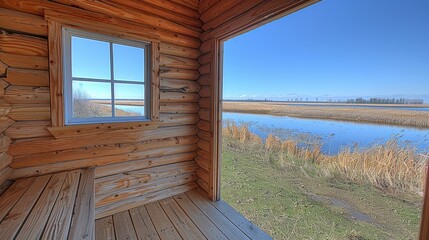 A serene lakeside view is captured from the rustic interior of a wooden cabin, showcasing tranquil water and distant mountain scenery under a clear blue sky