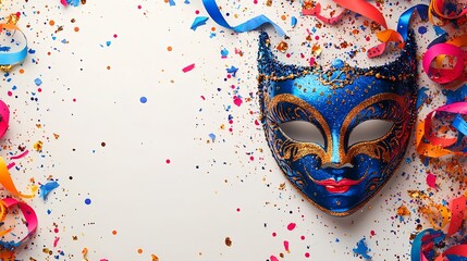 Poster - Multicolored carnival mask banner bold intricate details surrounded by playful streamers and confetti on a clean neutral backdrop leaving an elegant space for text in the middle of the design