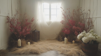 Poster - A room with a large window, which is filled with sunlight. The room is decorated with two vases of flowers, one on the left side and the other on the right side