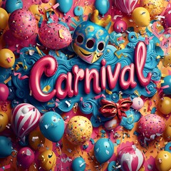 Poster - Colorful Carnival text large letters with multicolored balloons masks and swirling streamers on a vibrant gradient background designed to capture the fun and celebration of carnival posters