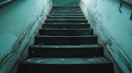 Poster - A staircase is shown in a very dark and dirty environment. The stairs are covered in debris and appear to be in a state of disrepair. Scene is one of decay and neglect