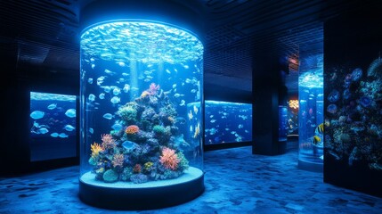 Poster - Futuristic floating aquarium in a minimalist environment, filled with radiant bioluminescent fish and alien flora, offering a unique living art experience.