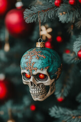 A skull ornament hangs from a Christmas tree. The skull is surrounded by red and green decorations. Scene is eerie and festive