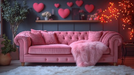 Poster - Stylish Valentines Day interior a plush pink sofa and matching decorations Soft lighting and heartshaped accents set a romantic mood for the celebration