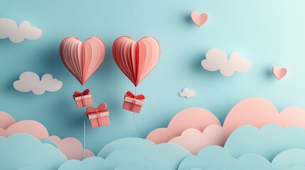 Poster - Valentine's Day banner gift boxes attached to heartshaped balloons soaring through a pastel sky rendered in paper art style with a clean minimalistic look perfect for lovethemed celebrations