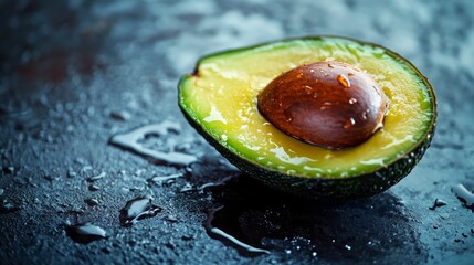 A halved avocado with a single pit on a dark background with water droplets.