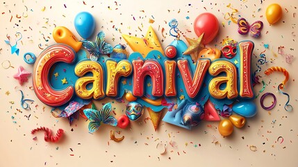 Aufkleber - Dynamic carnival poster featuring word Carnival in large multicolored letters with festive patterns accompanied by colorful balloons masks and swirls on a vibrant background