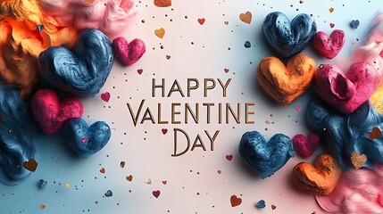 Poster - Vector illustration featuring text HAPPY VALENTINE DAY with artistic heart arrangements floating across a minimalistic pastel background creating a romantic and sleek design
