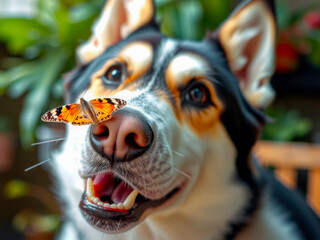 a dog is looking at a butterfly with its nose. the dog is smiling and he is happy