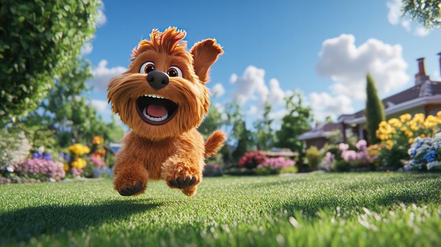 A playful 3D animated cartoon image of a dog chasing its tail in a sunny backyard, with exaggerated expressions.