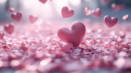 Poster - Floating heart confetti against light pink minimalist background designed for a modern and clean Valentine's Day card with a soft romantic tone