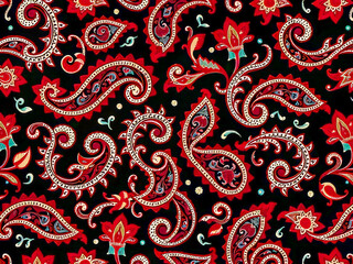 a paisley patterned fabric with red and white flowers. the paisley design is intricate and detailed,