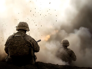 Two soldiers manning a mortar launcher, firing shells at a distant enemy stronghold.


