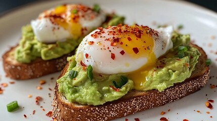 Closeup of two slices of toast with avocado, poached eggs, and red pepper flakes.