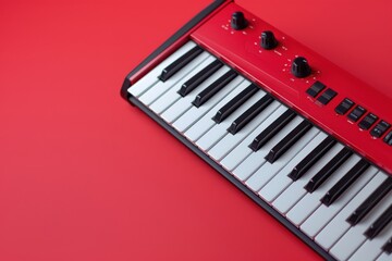 Red keyboard with black keys on a vibrant background