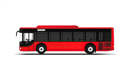 A red city bus with black windows and a white background.