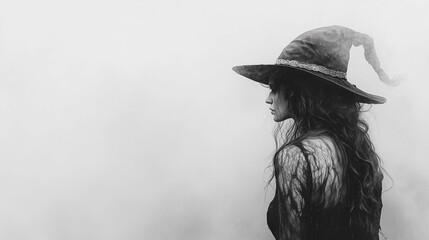 Wall Mural - A woman wearing a black hat and a black dress stands in front of a foggy background. The image has a mysterious and eerie mood, as the woman is a witch or a sorceress