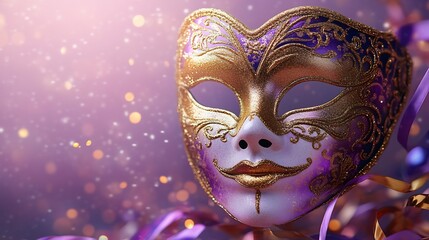 Poster - Venetian mask shimmering gold and purple with bright carnival streamers and a shiny whistle on a minimalistic soft lavender background for a clean and elegant carnival party theme